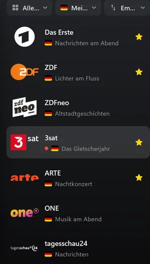 Senderliste in Finally mit laufender Sendung zu jedem Sender