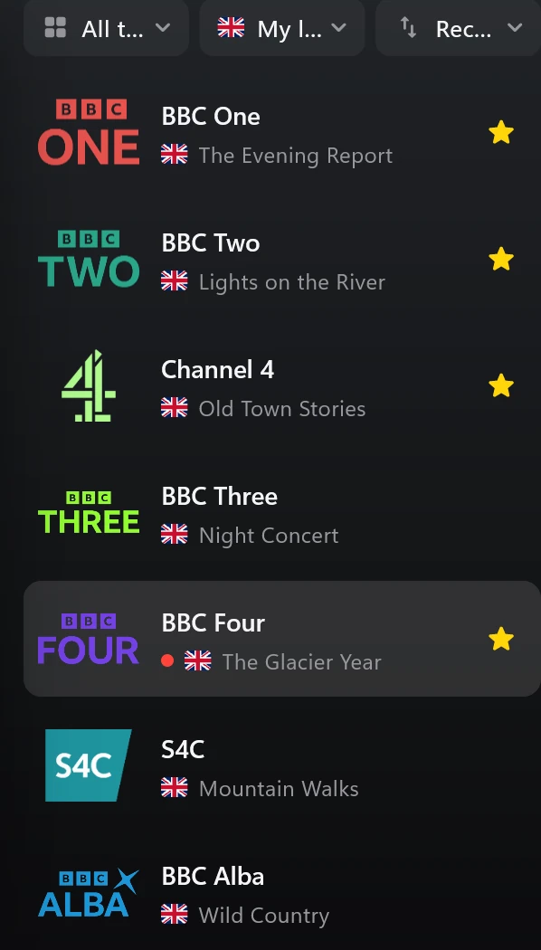 The same channels in Finally: BBC One, BBC Two, Channel 4, BBC Three and BBC Four, each with logo and what’s on