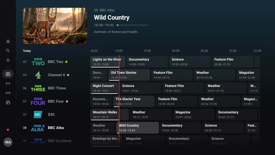 Finally on a TV: TV guide with channels on the left and shows as a timeline